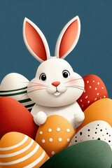 Fototapeta premium Cute white rabbit peeking from colorful Easter eggs with playful spring holiday vibe