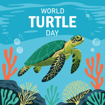 Save Our Oceans Illustration for 
World Turtle Day. Celebrate 
World Turtle Day with this vector of sea life, featuring a turtle and coral reefs in a clean underwater design.