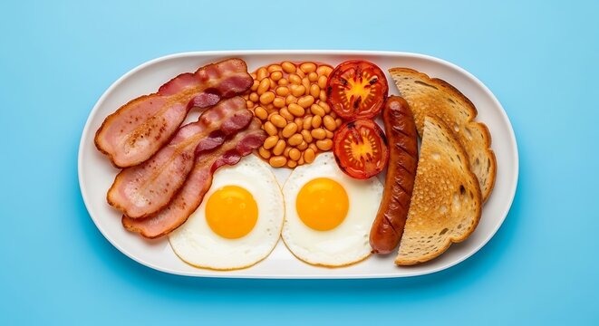 Full English Breakfast Platter with Bacon, Eggs, Sausage, and Toast (165) photo