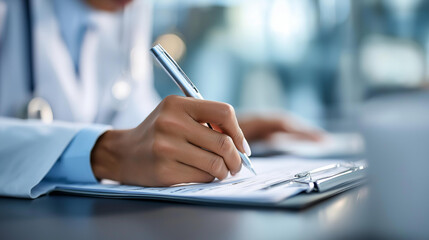Fototapeta premium Doctor reviewing patient charts and writing on a medical chart, healthcare documentation and clinical practice concept, defocused background, with copy space