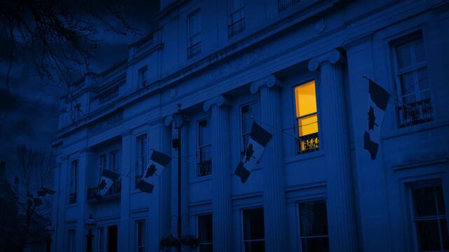 Light On And Off In Building With Canadian Flags
