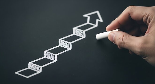 Hand Drawing Upward Staircase Arrow on Chalkboard Showing Growth and Success (271) photo