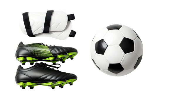 A set of soccer equipment including cleats, shin guards, and a ball on transparent background