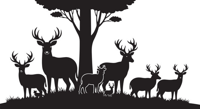 Deer, buck, wildlife, silhouette, vector icons, 7 animals, black and white