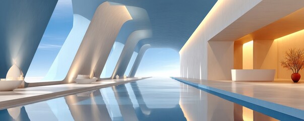 Naklejka premium Luxury modern interior with reflecting blue pool and curved architectural arches in perspective
