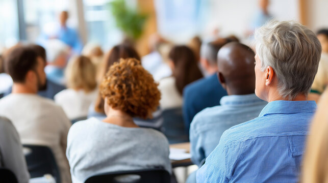 Group of residents attending a neighborhood safety meeting in a community hall, local governance and civic engagement concept, defocused background, with copy space