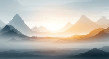 Fototapeta premium Misty Mountain Landscape at Sunrise with Soft Orange and Blue Hues
