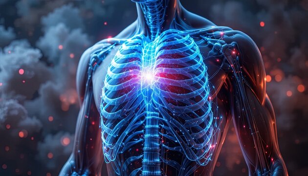Glowing human rib cage highlights the anatomical structure of the chest with digital energy particles.