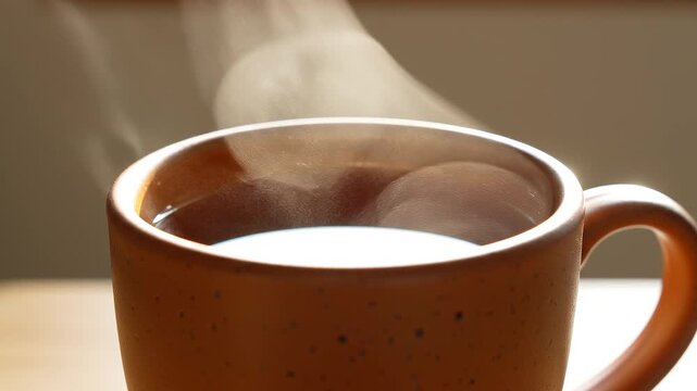 Brown ceramic mug filled with steaming hot beverage, soft natural light highlights warmth and comfort, everyday ritual captured with cozy texture and inviting simplicity.