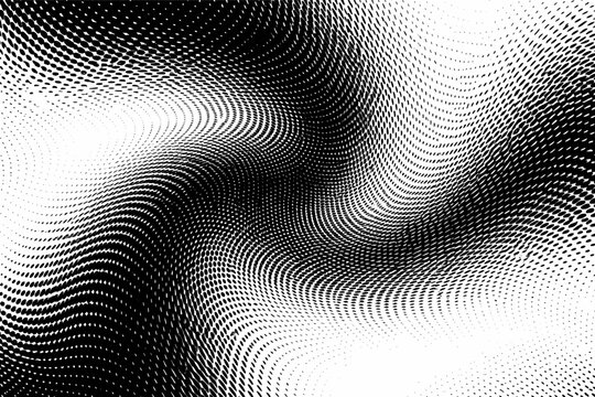 Dynamic Ripple Halftone Mesh Pattern with Black and White Gradient Effects, Modern Abstract Vector Background Featuring Wavy Distortion and Optical Illusion for Graphic Design and Digital Art