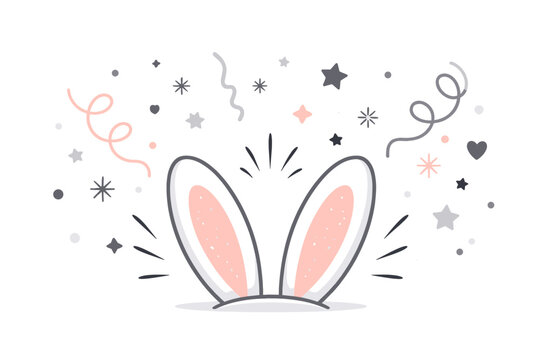 Playful Bunny Ears Vector Illustration with Festive Confetti and Stars for Easter Celebration. Minimalist Hand-Drawn Style in Black, Gray, and Pink. Cute Animal Ears Peeking Up for Party Graphics.