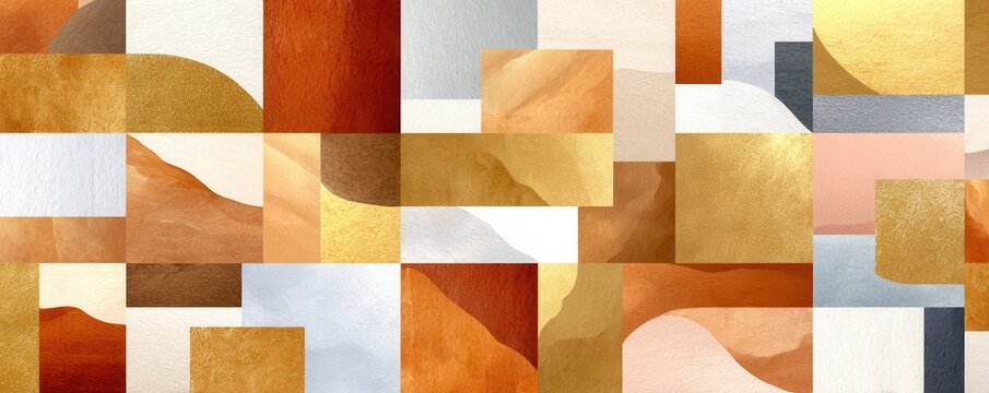 Light gold and white checkered abstract background with paper texture and watercolor collage