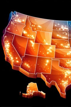Glowing orange map of the United States with illuminated city lights and digital network look