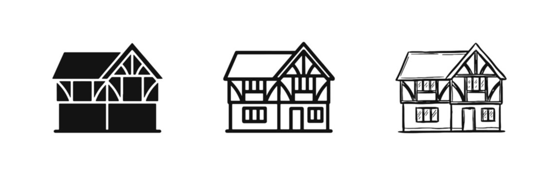 Traditional timbered house or inn icon set, vintage architecture in glyph, outline and hand drawn styles