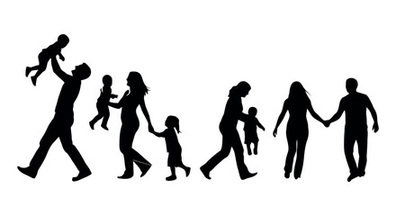 Obraz premium Silhouettes of happy families with parents and children walking together