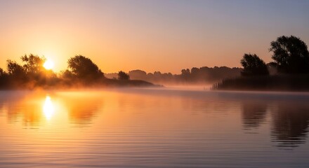 Obraz premium Beautiful sunrise over a calm lake with mist rising from the water and silhouettes of trees in the background