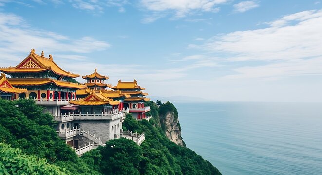 Traditional Chinese temple buildings perched on a cliff overlooking the ocean temple, traditional