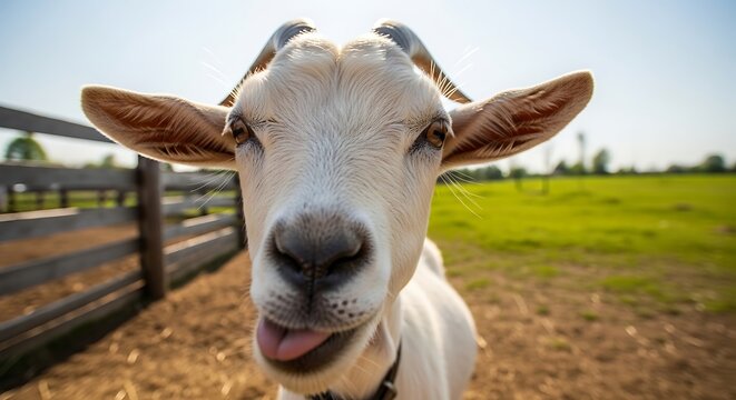 A close-up, humorous shot of a white goat sticking its tongue out playfully in a farmyard setting.