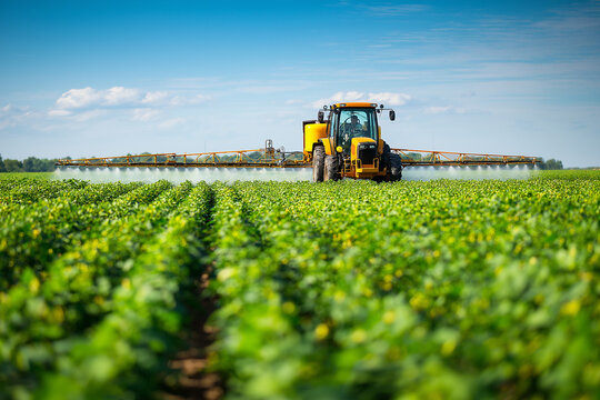 Spraying pesticides in a springtime soybean field. Concept Agricultural Pest Control, Spring Crop Protection, Soybean Field Management, Pesticide Application Safety