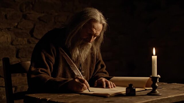 An elderly man writes with a quill by candlelight, in a dimly lit room
