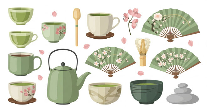 Japanese Tea Ceremony Vector Set with Matcha Bowls, Teapots and Zen Elements in Soft Pastel Minimal Illustration Bundle