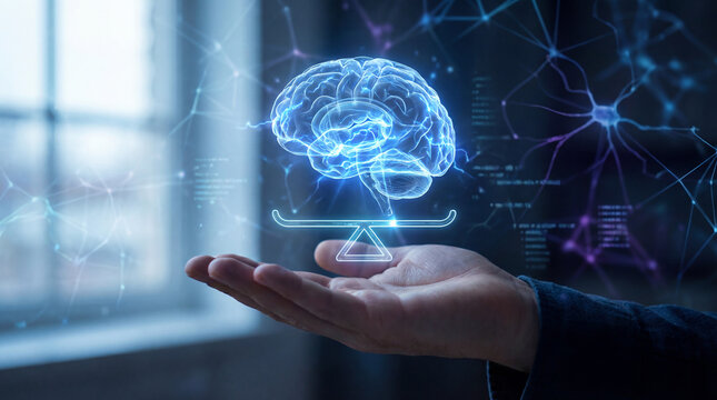 Human hand holding a glowing digital brain on a scale. Concept of AI, neuroscience, mental balance, and intelligence