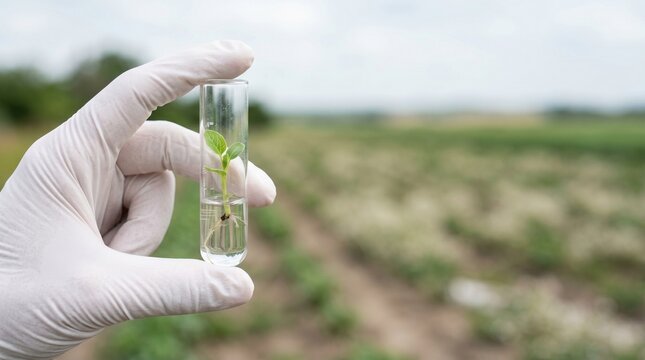 Scientist in gloves holding a test tube with a young green plant sprout against a blurred field. Concept of biotechnology, agritech research, GMO testing, and sustainable agriculture innovation.
