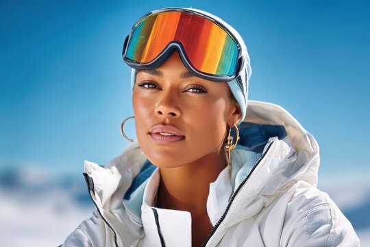 Portrait of woman in white ski suit wearing mirrored goggles against clear blue winter sky