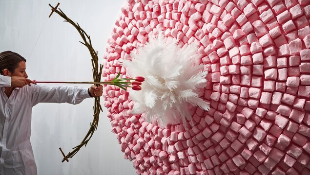 A person in a light-colored shirt aiming a bow and arrow at a large target made of pink sugar cubes and white feathers, creating a visual contrast