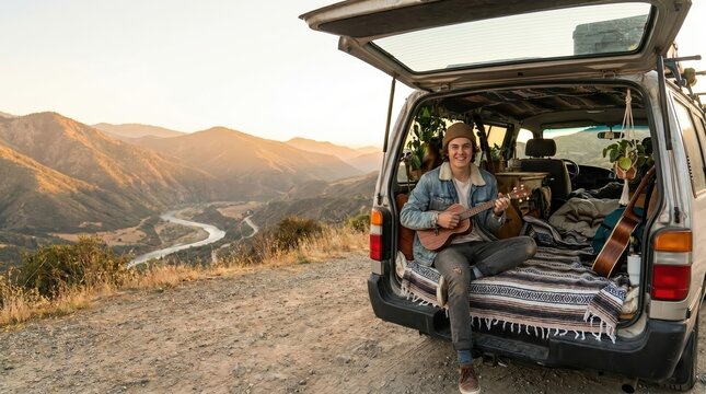 Man playing ukulele in the back of a van