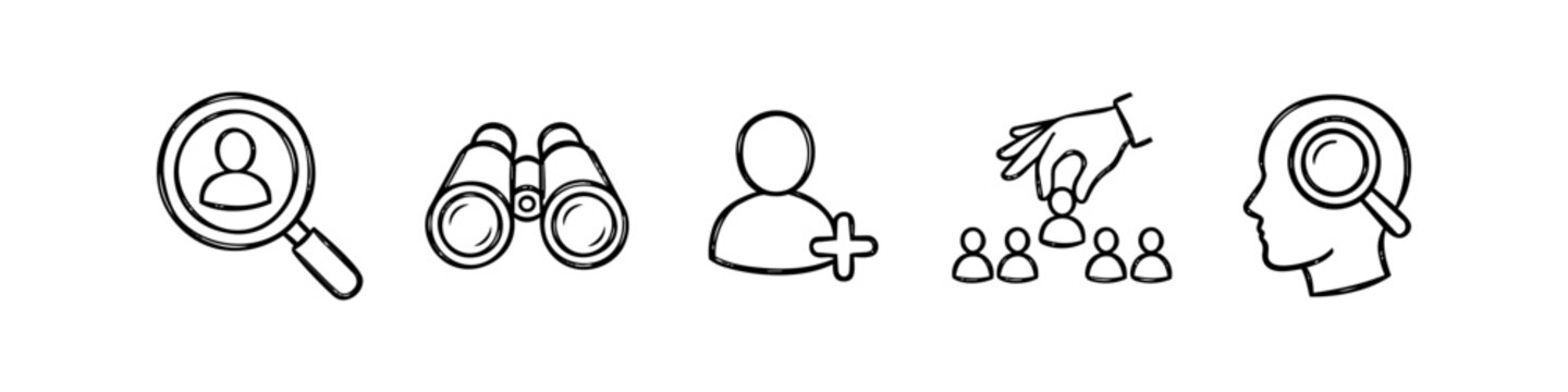 Set of hand-drawn recruitment icons including symbols for headhunting, talent search, hiring, and candidate selection in a minimalist black ink sketch style on a white background.