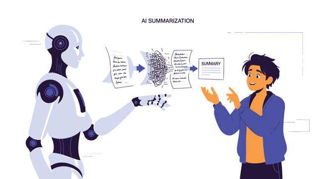 Robot, human interaction, AI summarization, infographic elements, vector illustration