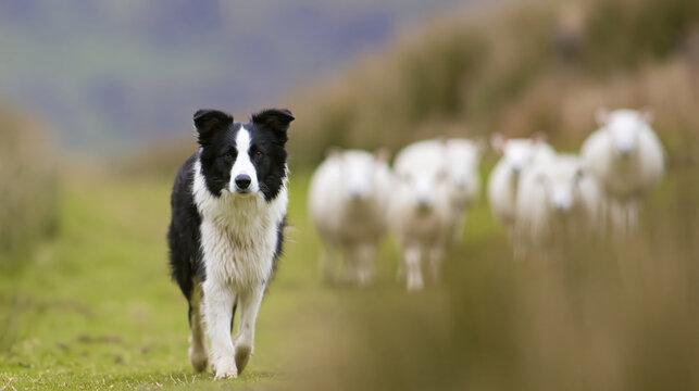 Vigilant border collie, with an intelligent and alert expression, attentively watches small group of sheep. Its herding instinct shines green