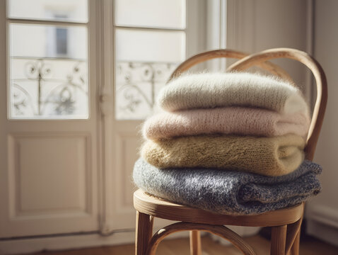 Stack of Cozy Pastel Knitted Sweaters on a Wooden Chair