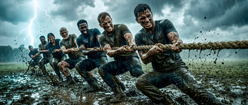 Epic cinematic view of a diverse team exerting extreme effort in an intense muddy tug-of-war competition during a dramatic thunderstorm.