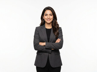 Obraz premium young indian female executive portrait with arms crossed isolated on white background representing leadership and professional success concept