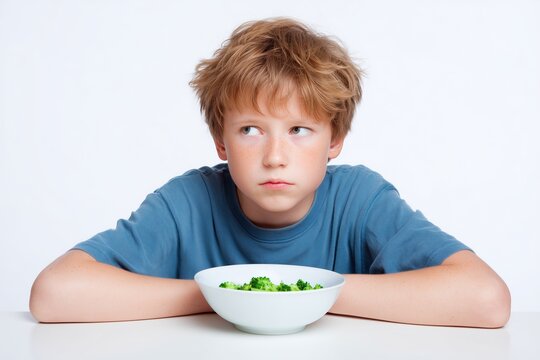 Reluctant Eater: A young boy sits before a bowl of broccoli, his expression conveying an undeniable distaste for the green vegetable, as he is clearly not fond of eating it.