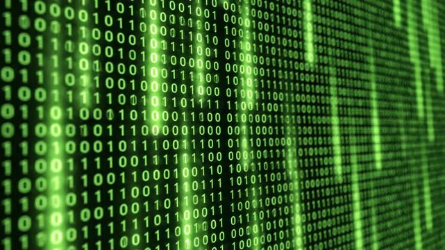 Futuristic digital animation of glowing green binary code streaming on a dark screen representing artificial intelligence development and big data processing in a seamless looping motion.