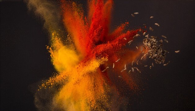 Vibrant Spice Burst: An eye-catching explosion of colors created by the dynamic scattering of colorful spice powder, offering a delightful visual of texture, and energy.