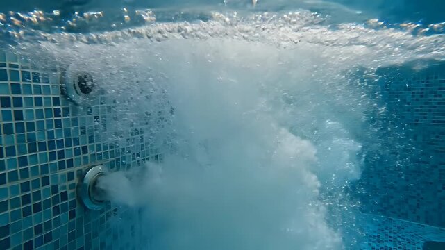 Underwater view of bubbling water jets in a tiled swimming pool.