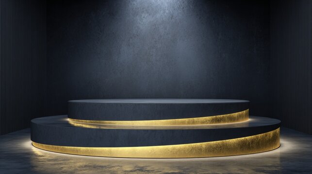 Elegant Dark Podium with Gold Accent in Minimalist Background for Display and Presentation Use
