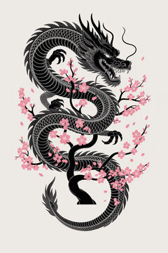 Black dragon wrapped around a cherry blossom tree on beige background