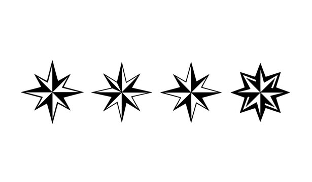Compass star silhouettes set with four navigation symbols aligned in a row isolated on white background vector