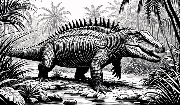 Black and white coloring book page, 
An ancient dimetrodon sneaking carefully in a tropical monsoon  