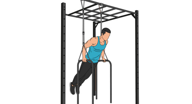 Athletic man exercising on parallel bars in an outdoor gym setting to represent fitness, strength training, and health.