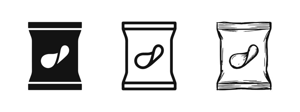 Potato chips snack bag icon set, three styles of salty food packaging symbols for snack and junk food concepts
