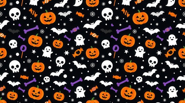 Halloween seamless pattern with skulls, bats, ghosts, orange pumpkins, and bones on black.