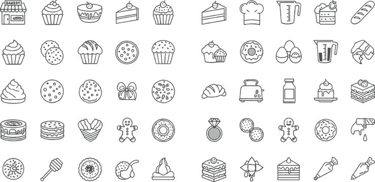 Bakery Dessert Outline Icon Set with Cakes Cookies Cupcakes Bread and Pastry Illustrations for Cafe Menu, Cooking Apps, Food Packaging, and UI Design