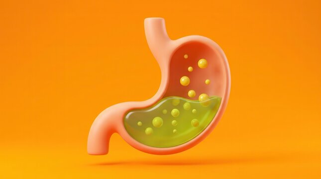 Human stomach showing acidity, bloating, and indigestion with green acid and gas bubbles.