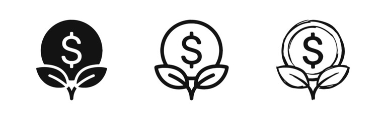 Dollar coin with sprout icon set, three styles of financial growth and investment symbols for economy © drawing lines